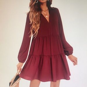 V Neck Flowy Tiered Shift Long Sleeve Pull On Dress Burgundy NWT
